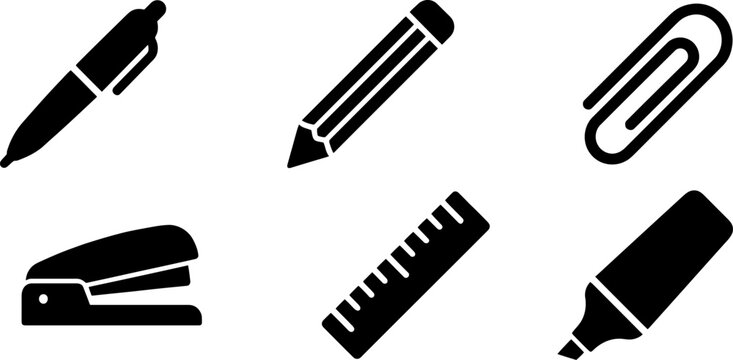 Stationery Icons Grid Black Color Vector