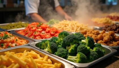 Obraz premium Steam rises from buffet trays with fresh broccoli, sliced tomatoes, fries, and fried food. A chef serves dishes from warming pans in a busy food market setting.