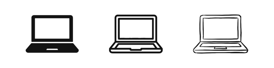 Naklejka na ściany i meble Laptop Computer Icon Set in Three Styles Solid Line and Hand Drawn Sketch