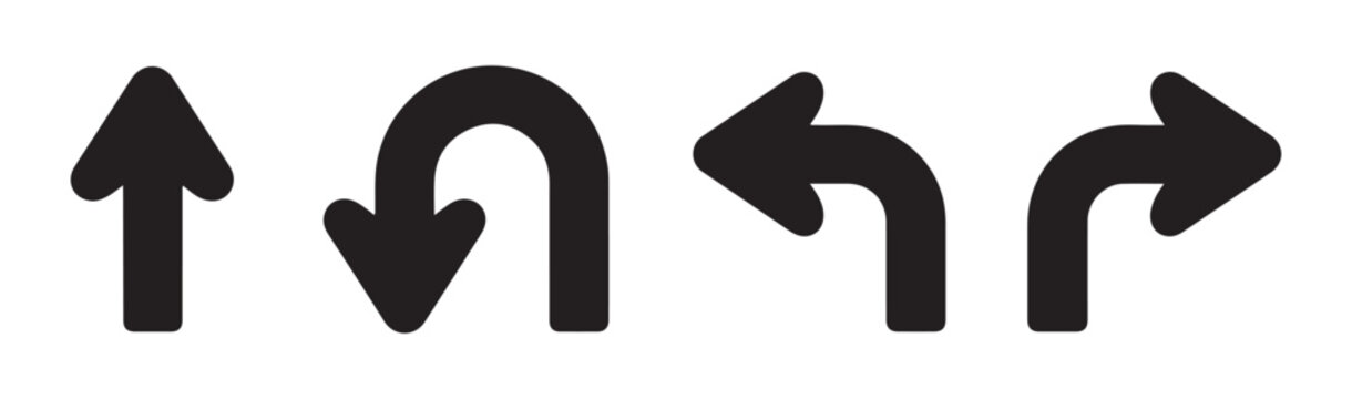 Four bold black arrow symbols illustrating directional movement including upward u-turn and sides.