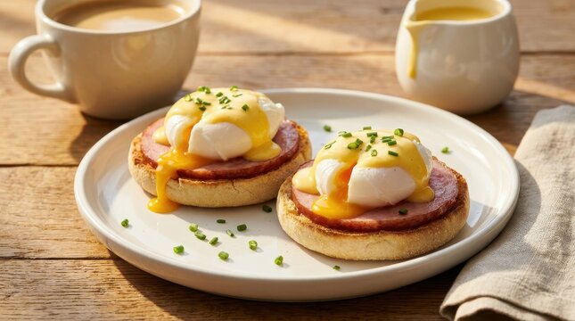 Delicious eggs benedict breakfast featuring two poached eggs on toasted English muffins with ham and hollandaise sauce. The eggs