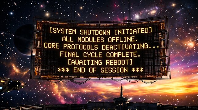 System shutdown initiated screen displayed against cosmic background with computer screen end of session abstract