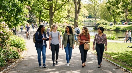 Fototapeta premium Female friends strolling through a park together, engaged in conversation, smiling expressions, bright daylight, active leisure,