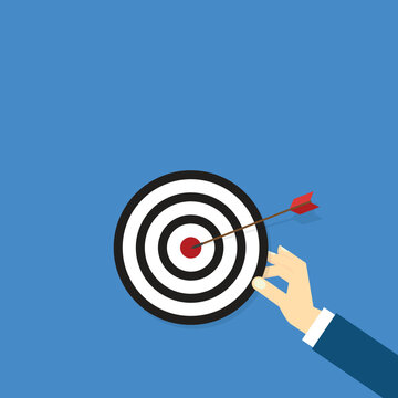 Business Target Achievement Concept With Hand Holding Bullseye And Arrow Hitting Center Flat Design Vector Illustration