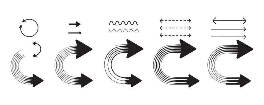 Set of black smooth arrows with thin lines for navigation and direction design elements.
