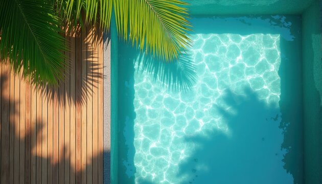 Wooden deck borders bright blue pool water. Palm leaves cast shadows on pool and deck surface. Tropical resort scene evokes calm vacation vibes.