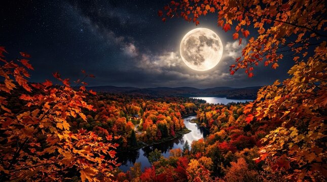 Lunar full moon and vibrant fall autumn leaves on dark night sky. Romantic seasonal nature background with glowing atmosphere.