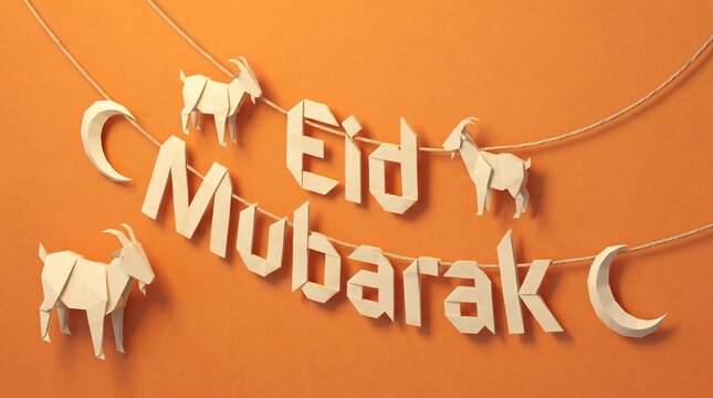 Festive paper craft diorama celebrating Eid Mubarak, featuring charming miniature goats and crescent moons on an orange background, a delicate tiny world setup