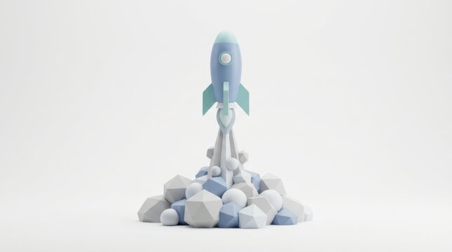 Minimalist 3D illustration of a rocket ship launching from smoke clouds, symbolizing business startup, financial growth, innovation, and successful project initiation.