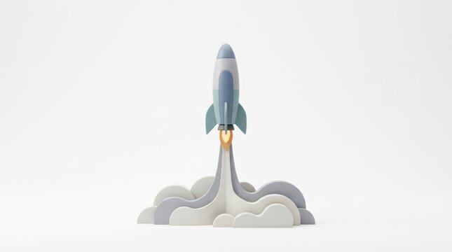 Minimalist 3D illustration of a rocket ship launching from smoke clouds, symbolizing business startup, financial growth, innovation, and successful project initiation.