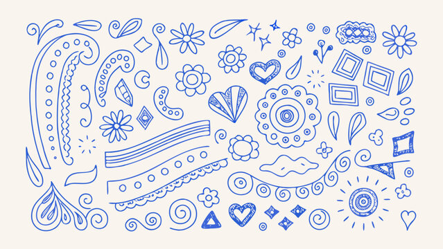 blue line art doodles featuring flowers hearts leaves and abstract shapes on a pale background
