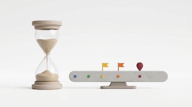 Minimalist 3D render of a wooden hourglass next to a digital project timeline tracker with milestone points, symbolizing time management, deadlines, and project scheduling.