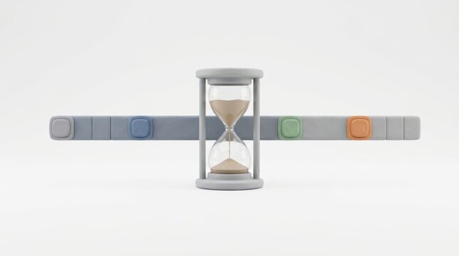 Minimalist 3D render of a wooden hourglass next to a digital project timeline tracker with milestone points, symbolizing time management, deadlines, and project scheduling.