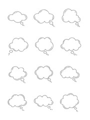 Obraz premium Set of twelve hand-drawn thought bubbles with rounded cloud shapes and small circles on white background