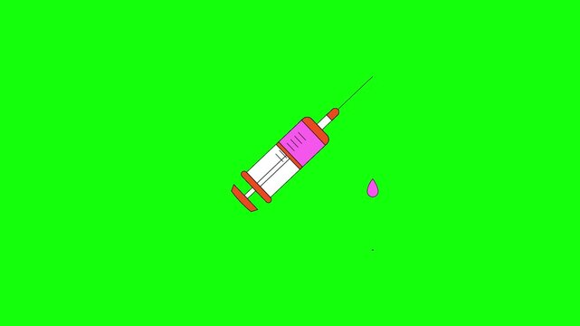 A 2D animated video of a cartoon syringe injection on a bright green background. Show a tilted syringe with a thin needle and small liquid drops falling from the tip. Add gentle bounce and subtle move
