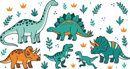 Cute Dinosaur Vector Clipart Set Featuring Triceratops Stegosaurus Brachiosaurus and Tyrannosaurus Rex with Tropical Leaves and Crown Elements for Kids Designs © Ismail