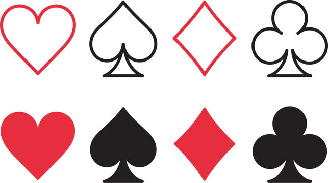 four suits of playing cards with different fill colors, modern vector icon set featuring heart, diamond, club, and spade symbols on transparent background.