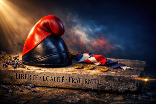 Bastille Day July 14 Phrygian cap on weathered stone engraved Libert&eacute; &Eacute;galit&eacute; Fraternit&eacute; with tricolor ribbon dried lavender gold medallions patriotic French Revolution symbol