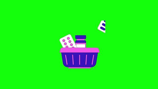 A 2D animated video of a basket filled with medicines on a bright green background. Show pill blister packs, medicine bottles, and healthcare items gently bouncing or floating slightly.