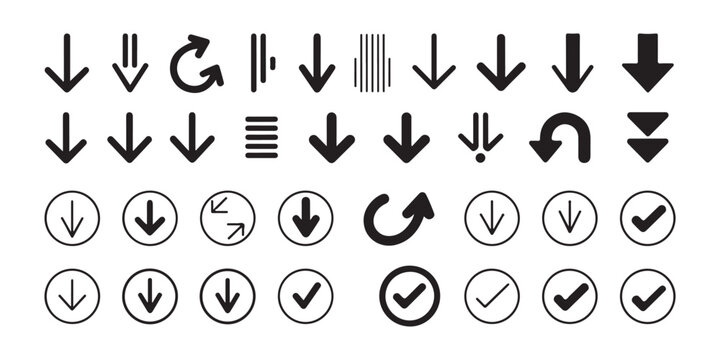 Various download arrow icon set and check mark signs for web and app interface.