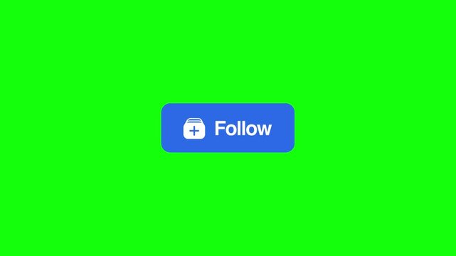 A simple motion graphics video of a blue Follow button on a bright green screen background. The button has a white plus icon and white &ldquo;Follow&rdquo; text. Animate it with a gentle pop-in, pulse, and soft.