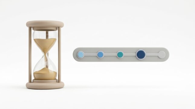 Minimalist 3D render of a wooden hourglass next to a digital project timeline tracker with milestone points, symbolizing time management, deadlines, and project scheduling.