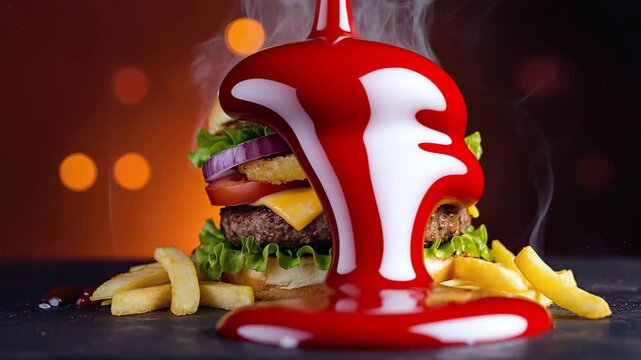 Gourmet cheeseburger with melted cheese, crispy fries and dramatic ketchup pour in warm studio lighting with soft bokeh background