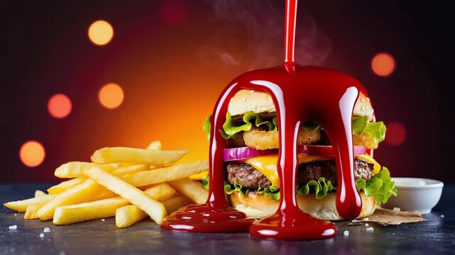Cinematic close-up of a gourmet double patty cheeseburger with melted cheese, fresh vegetables, rich ketchup drizzle, and crispy golden French fries under warm studio lighting