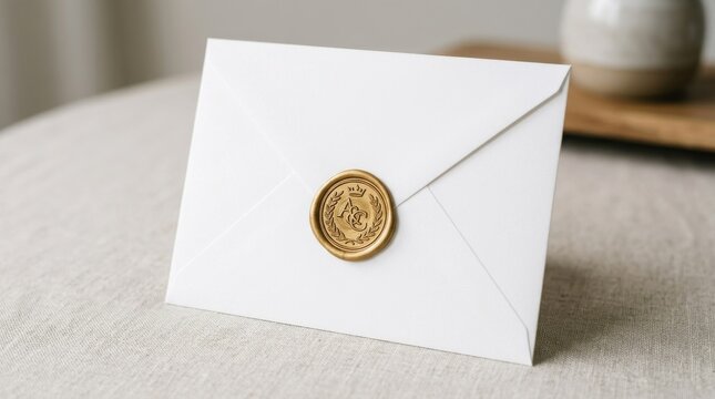 Elegant white envelope sealed with a golden wax seal and monogram