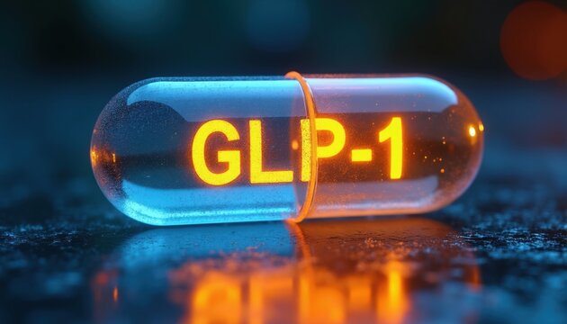GLP-1 medication capsule glows with digital light on dark surface. Innovative pharma treatment targets diabetes and obesity. Science advances health.