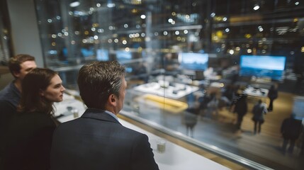 Fototapeta premium A view of an office interior seen through a window capturing a professional and contemporary workspace setting