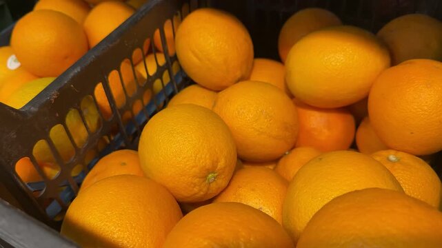 Juicy oranges in plastic crate on store counter, bright glossy skin, closeup of ripe citrus at supermarket produce display
