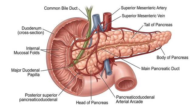Anatomical illustration of the human pancreas and duodenum with labeled blood vessels and ducts for medical education