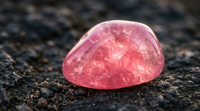 Vibrant pink rose quartz gemstone, polished finish, internal glow, detailed texture, macro photography, gemstone stock image. redo