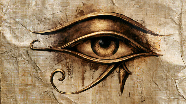 The Eye of Horus symbol on old paper. The Eye of Horus (wadjet or eye of Ra) in Ancient Egypt as a symbol of healing and protection, depicted on weathered papyrus.
