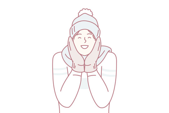 Happy man in sweater and mittens smiling enjoy cold weather and rejoice december holidays. Positive young guy in winter hat and scarf stands outdoors among falling snowflakes. Flat vector design