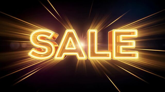 Glowing golden sale text with dramatic light rays and dynamic motion effect creating vibrant commercial advertising background for discount promotion shopping event and retail marketing campaign