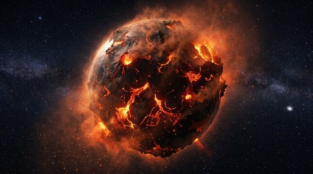 Fiery planet exploding in deep space with stars and nebulae in the background