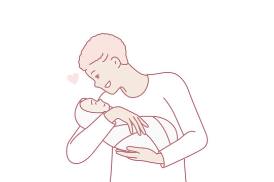 Loving man holds baby in arms and smiles enjoy communication with own son. Young positive father with short hair is happy to see newborn tot wrapped in blanket. Flat vector illustration