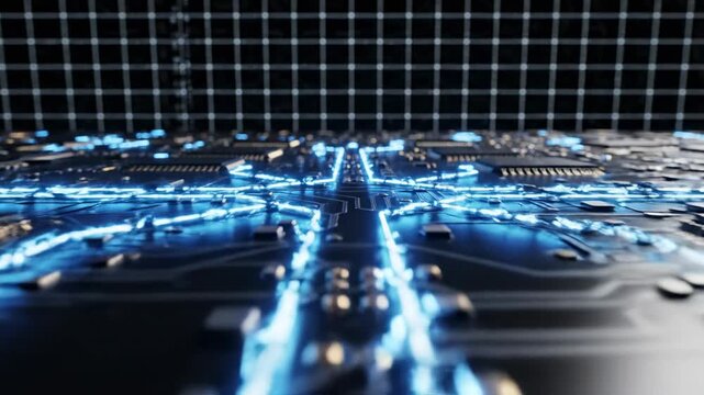 Futuristic digital data pathways illuminated with vibrant neon blue light flow across complex electronic circuit traces forming an intricate network of interconnected components against a grid