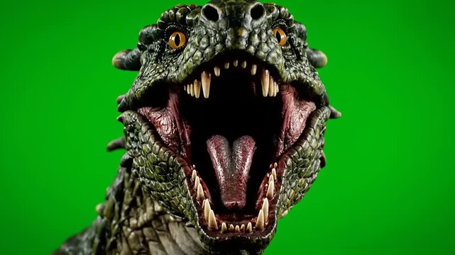 Close-up of a fearsome dragon head with sharp teeth and glowing eyes on a green screen background.