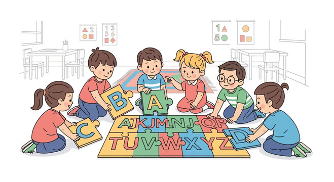 Children playing with alphabet puzzle.