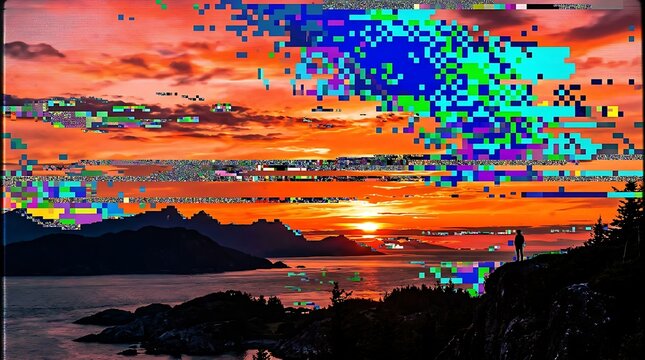 Glitch effect over tropical island sunset with ocean and clouds data corruption tropical landscape reflection