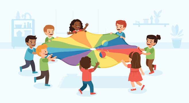 Children Playing with Parachute Together.