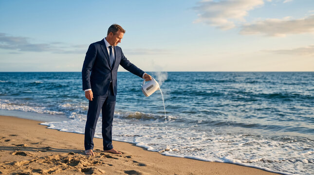 Businessman pouring kettle into ocean boiling the ocean concept