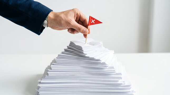Hand planting flag on a mountain of paperwork success concept
