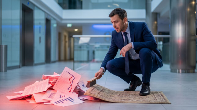 Businessman sweeping falling red financial charts under a rug concept