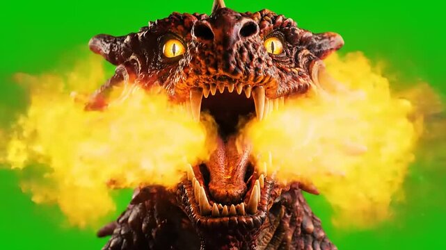 Close-up of a fearsome dragon head with glowing eyes and smoke emanating from its nostrils.