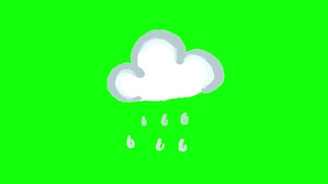 A 2D animated video of a cute cartoon cloud on a bright green background. The cloud should gently float and lightly rain with small soft drops falling below it.