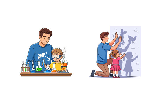 Father's Day fun A father and child exploring science and playing shadow puppets